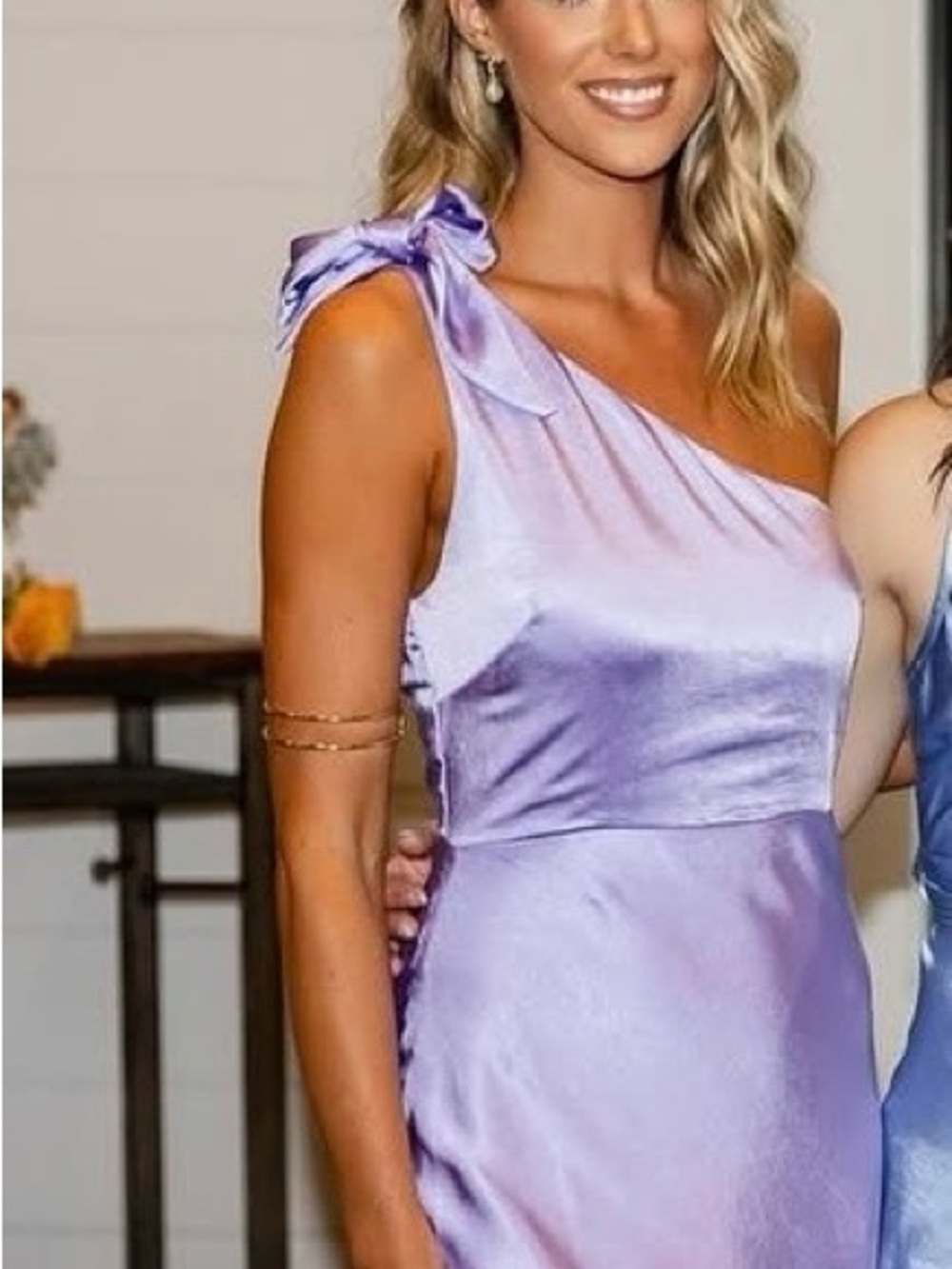 One-Shoulder Lavender Satin Dress with Shoulder Tie